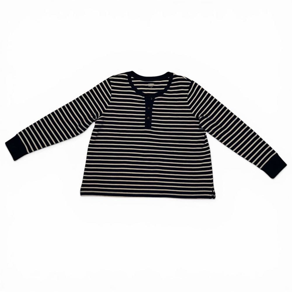 Women’s lands end Long-Sleeve Henley Stripe Top - Blue and white